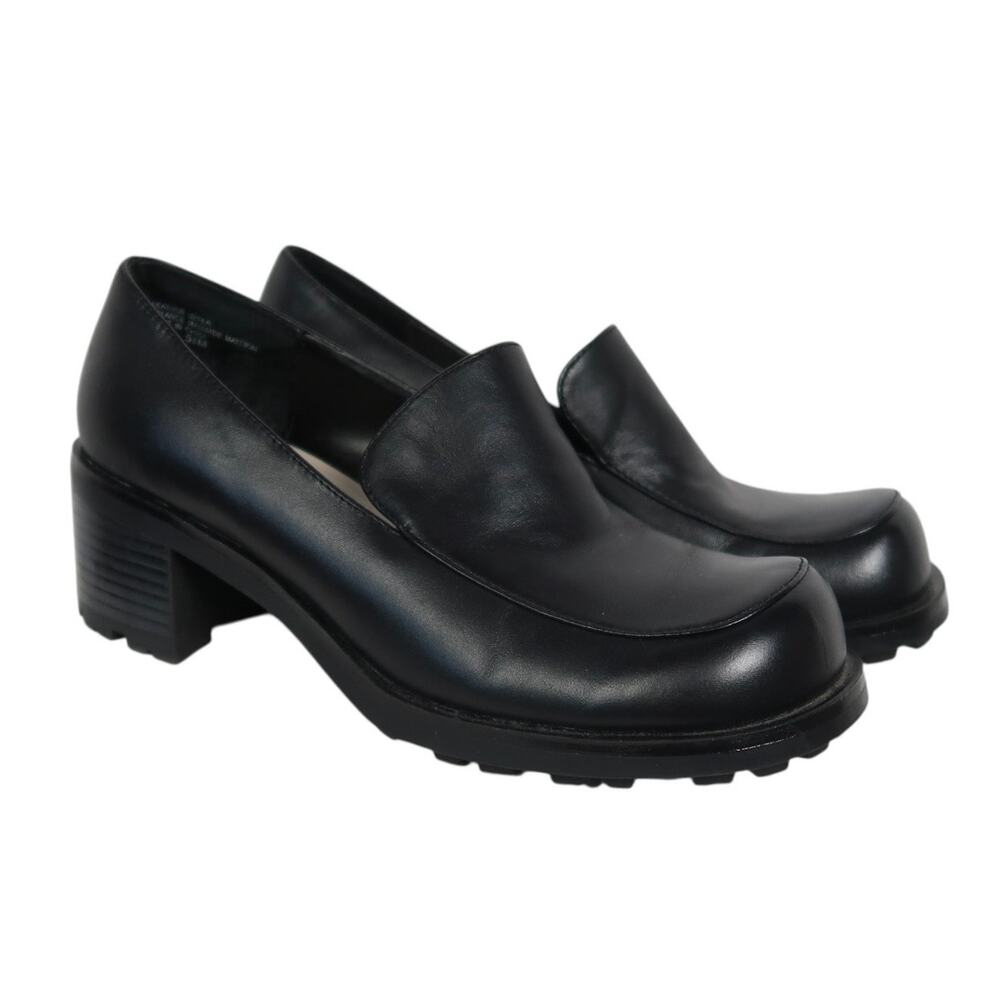 Vintage 90s BP Black Leather Chunky Heel Loafer Shoes 5.5